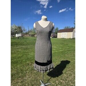 Vtg 1960s Tammy Andrews Black White Houndstooth Wooly Sleevless Wiggle Dress